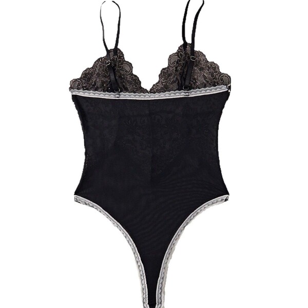 Black lace mesh bodysuit with delicate floral detailing and adjustable straps, perfect for sensual sleepwear or intimate ling...