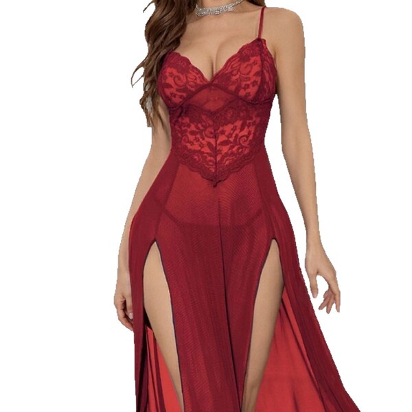 Elegant sheer lace mesh sexy sleep dress set, lightweight and alluring design for women, perfect for intimate wear.