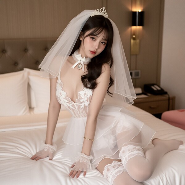 Woman in lace mesh sheer deep v bodysuit with veil, gloves, and garter—sexy low-cut erotic sleepwear & lingerie set.