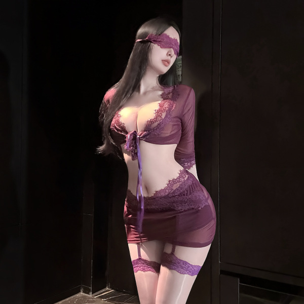 Woman wearing purple lace nursing lingerie set with sheer bra, panty, and matching blindfold in seductive pure-yu style.