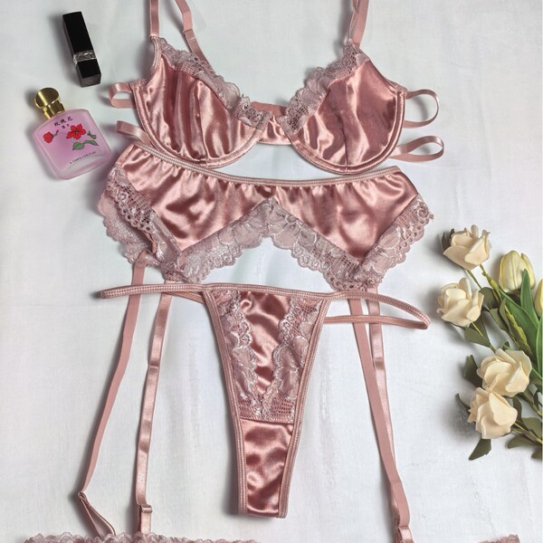 Premium lace push-up bra set with thong design, featuring tied-strap garter sets for womens intimate wear.