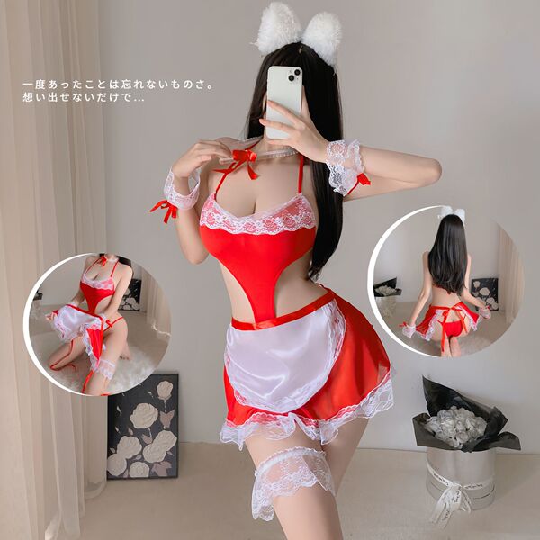 Sexy maid costume set featuring lace, sheer mesh, and hollow details, perfect for cosplay with bunny ears and apron design.