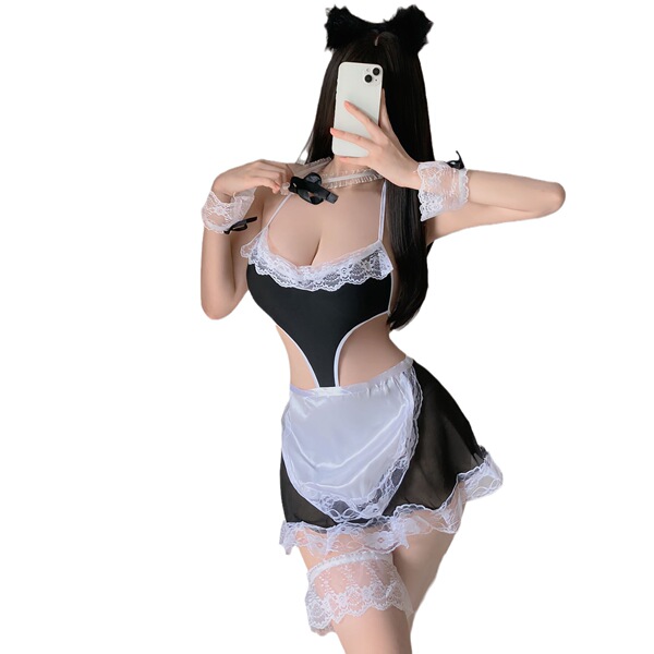 Sexy maid costume set featuring lace, sheer mesh, and hollow details, perfect for cosplay with a touch of elegance and allure...
