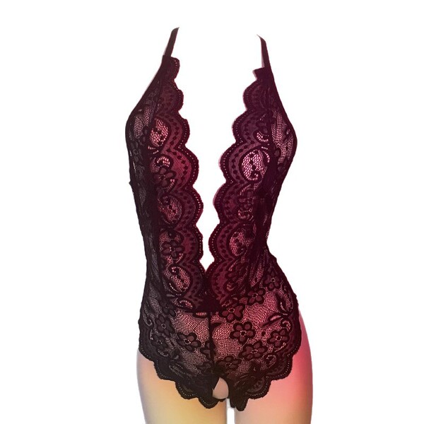 Black lace bodysuit with deep v-neck, backless design, and open-crotch detail for women.