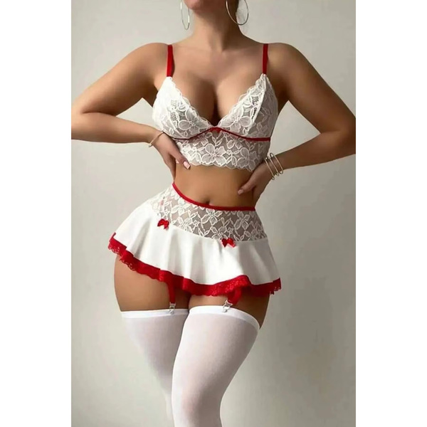 Sexy lace maid costume set featuring a white mini skirt with red trim and matching top, perfect for women seeking allure and ...