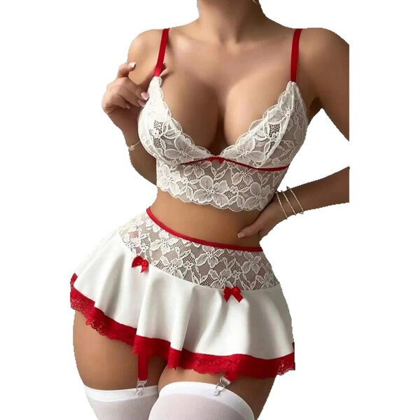 Sexy lace maid costume set featuring a white mini skirt with red accents and matching lace top, perfect for women seeking all...