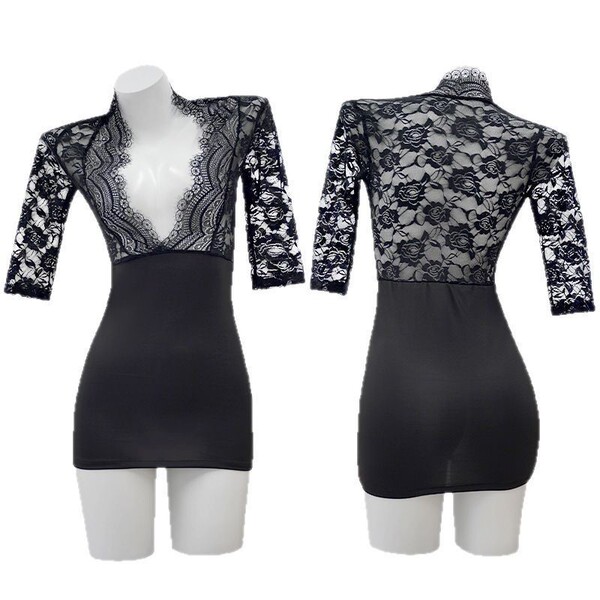 Black lace deep v-neck bodycon mini dress with sheer floral sleeves, sexy nightwear set for women.
