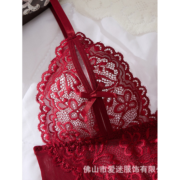 Red lace sexy cami set with floral details and bow, elegant erotic bodysuit for women.
