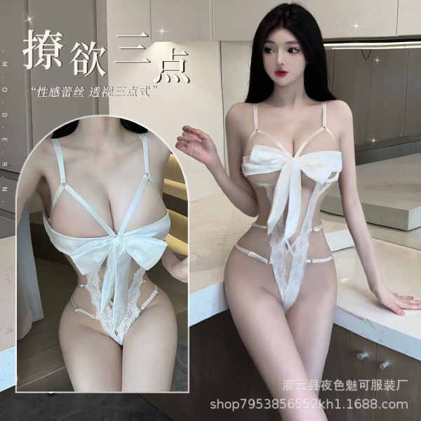 Luxury lace lingerie set featuring a seductive three-piece bra and matching sleepwear with elegant bow detail.