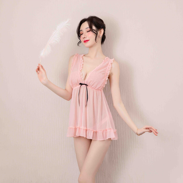 Lace sexy sleepwear set - adorable sheer nightgown with side slit, thin mesh lounge wear for women