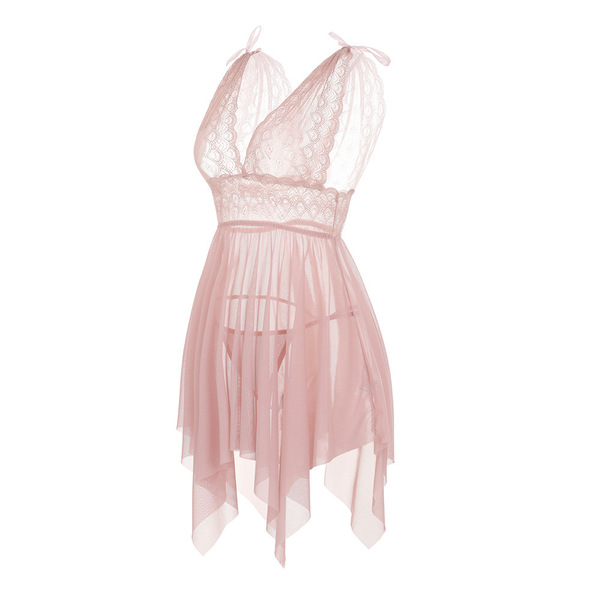 Wholesale lace sexy sleepwear set featuring a delicate pink nightgown with a deep v neckline and sheer mesh design, perfect f...