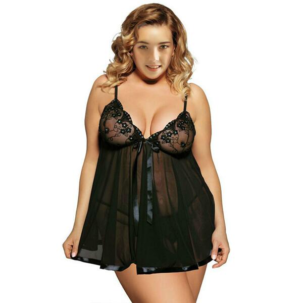 Elegant black lace camisole nightgown with sheer mesh design, perfect for summer sleepwear. plus size option available.