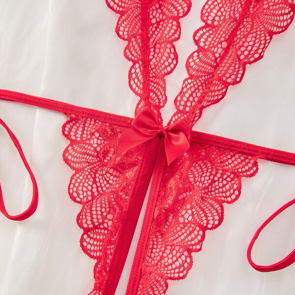 Red lace sheer bodysuit with delicate floral patterns, featuring a bow detail and full-body transparent design for womens ero...