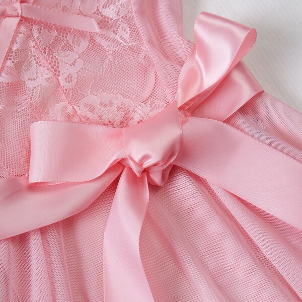Pink lace sheer bodysuit with satin bow - sexy european style erotic lingerie for women, full-body transparent intimate wear.