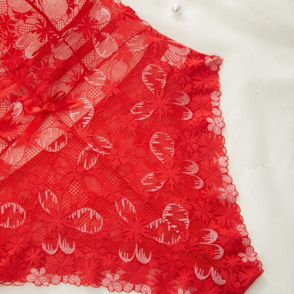 Red lace sheer bodysuit featuring floral patterns, perfect for women seeking sexy european style erotic lingerie with full-bo...