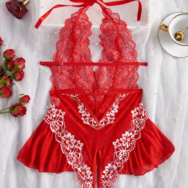 Lace sheer bodysuit for women - sexy european style erotic lingerie, full-body transparent design with intricate lace pattern...