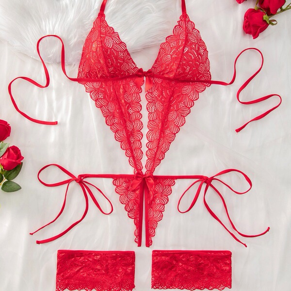 Red lace sheer bodysuit with heart-shaped ties and floral accents, featuring a sexy european-american style design.