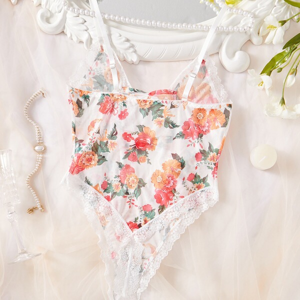 Floral lace sheer bodysuit for women, european-style erotic lingerie with ultra-feminine full-lace transparent design.