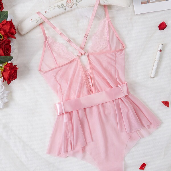 Pink lace sheer bodysuit for women, featuring delicate straps and a flowing skirt, styled as sexy european lingerie.