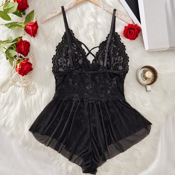 Sexy european style lace sheer bodysuit for women, full-body transparent intimate wear with elegant design and romantic detai...