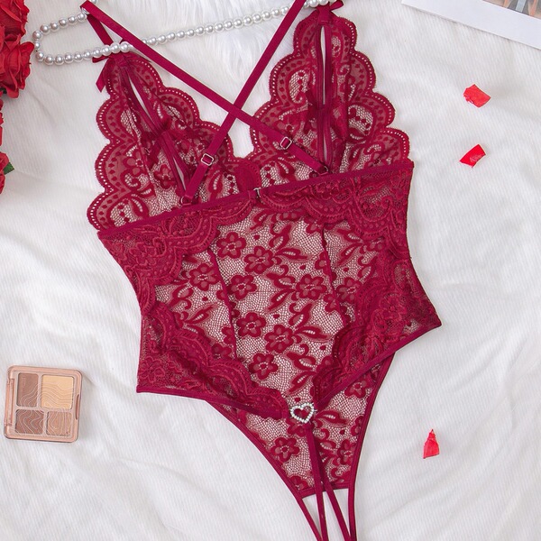Sexy lace sheer bodysuit with floral patterns, elegant european design, perfect for intimate wear.