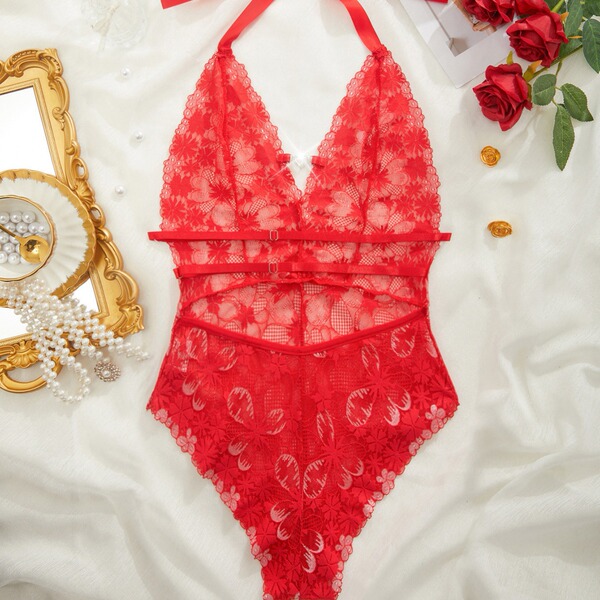 Red lace sheer bodysuit with floral patterns, elegant design, perfect for women seeking sexy european style erotic lingerie.