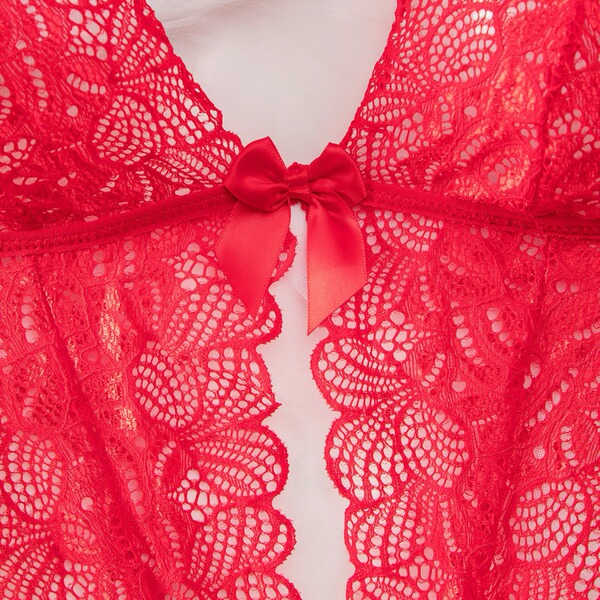 Red lace sheer bodysuit with intricate patterns, featuring a bow detail; perfect for women seeking sexy european-american sty...