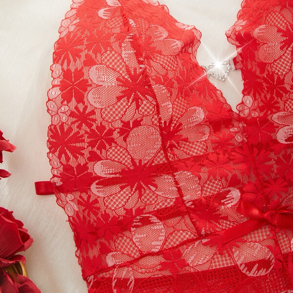 Lace sheer bodysuit featuring intricate floral patterns, perfect for women seeking sexy european style erotic lingerie with f...
