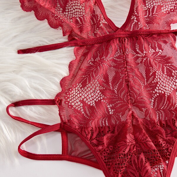 Red lace sheer bodysuit for women, featuring intricate floral patterns and delicate straps, embodying ultra-feminine european...