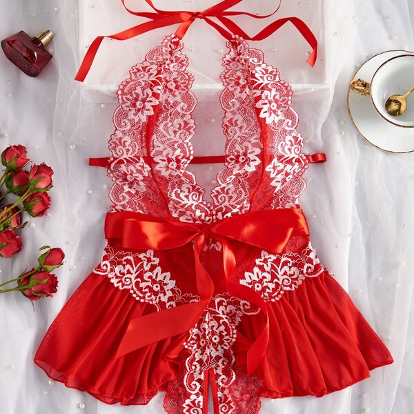 Lace sheer bodysuit for women featuring intricate floral lace, deep v-neckline, and elegant red ribbon accents. perfect for r...