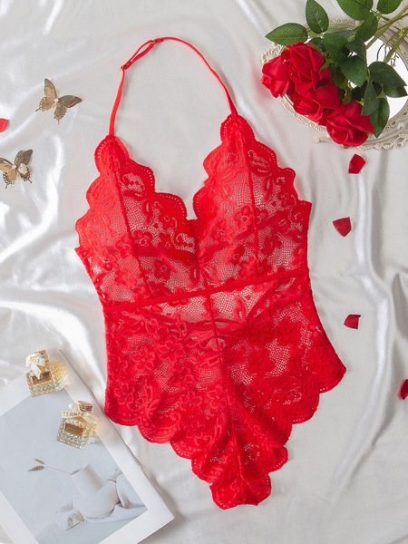 Red lace sheer bodysuit with intricate floral patterns, perfect for women seeking sexy full-lace erotic lingerie. european an...