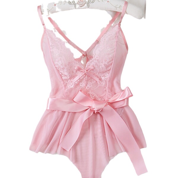 Pink lace sheer bodysuit with bow detail, european style erotic lingerie for women, full-body transparent intimate wear.