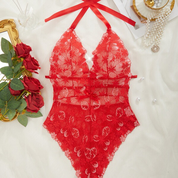 Lace sheer bodysuit for women featuring intricate floral patterns, elegant design, perfect for sexy european style erotic lin...