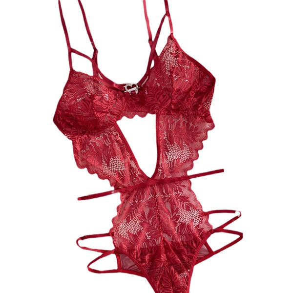 Red lace sheer bodysuit for women, featuring intricate floral patterns and delicate straps, embodying ultra-feminine european...