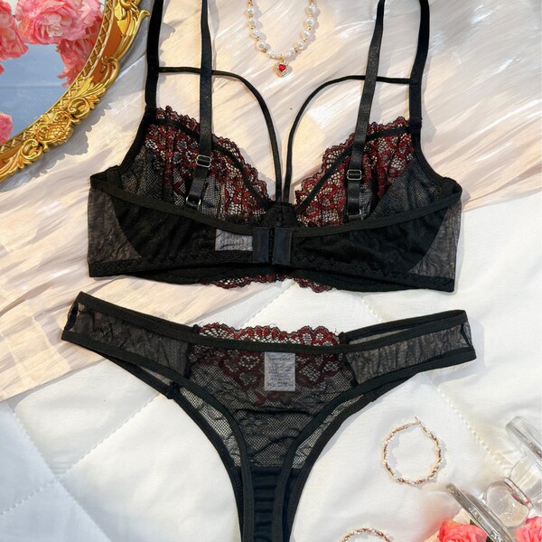 Luxury lace sheer bra set with floral embroidery and transparent mesh, plus size sexy lingerie for women.