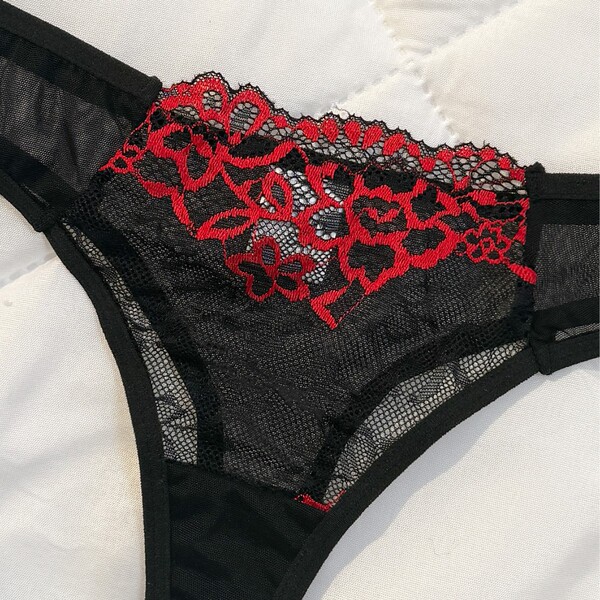 Luxury lace sheer bra set with red floral embroidery and transparent mesh, designed for plus size women.