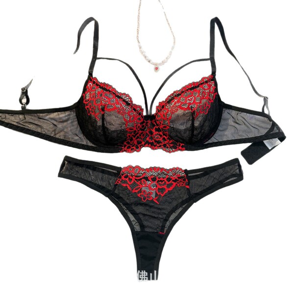 Luxury lace sheer bra set with floral embroidery, plus size sexy lingerie for women in black and red.
