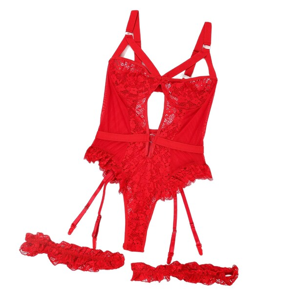 Red lace lingerie set with garter straps and matching accessories, featuring a sheer bodysuit design for women.