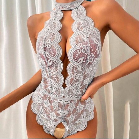White lace sheer lingerie set with floral patterns and halter neck design, perfect for intimate sleepwear.