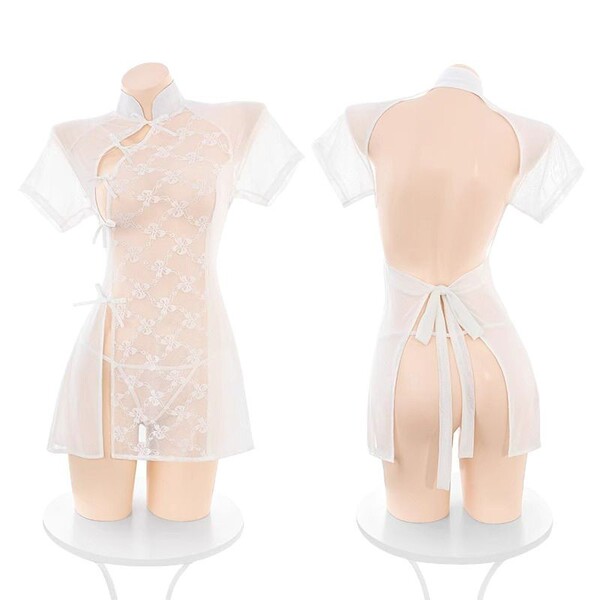 Sheer lace mini bra set with vintage qipao sleep dress, featuring delicate floral embroidery and silk-like fabric for sexy li...