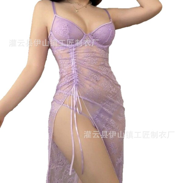 Lace sheer v-neck sleep dress with high slit and matching thong, plus size sexy lingerie set for women.