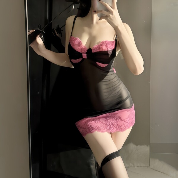 Sexy lace sheer nightgown for women featuring a bow detail, perfect bodycon design, ideal plus size sleepwear.