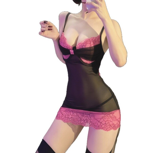 Sexy lace sheer nightgown for women featuring a bow detail, perfect bodycon sleepwear design.