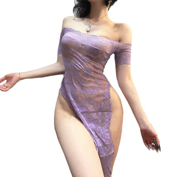 Lace sheer off-shoulder bodysuit dress, elegant design with delicate lace details, perfect for sexy sleepwear and pure tempta...