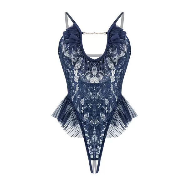 Navy blue lace sheer bodysuit with open-crotch design, ruffled hem, and delicate straps—sexy see-through sleepwear for women.
