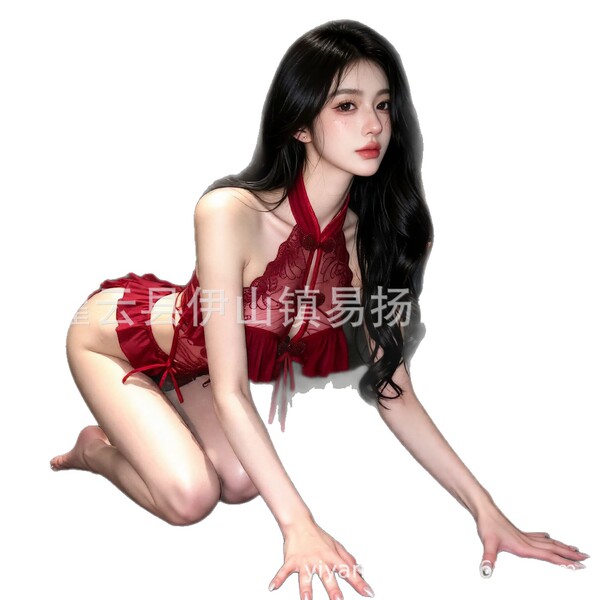 Lace sheer open-crotch sleep dress for women, sexy nightwear with cute design, perfect costume style lingerie.