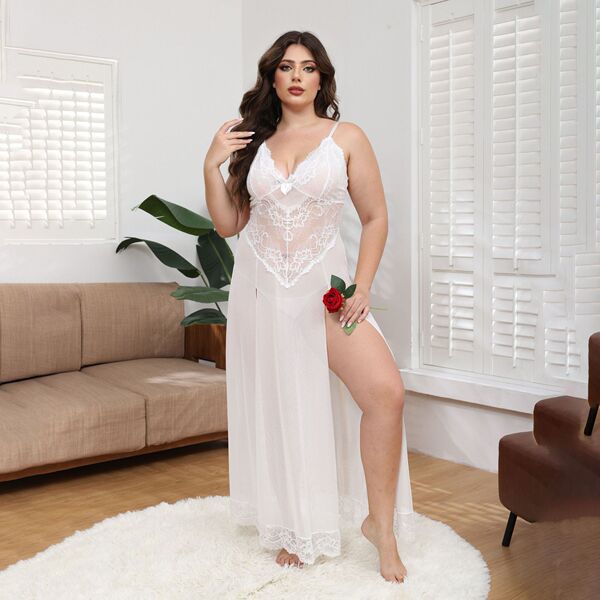 Sexy lace sheer robe nightgown with side slit, featuring transparent mesh design and delicate lace details, perfect for women...