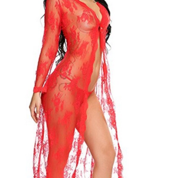 Sexy transparent lace sheer robe for women, plus size erotic lingerie dress with kimono style design, perfect nightwear.