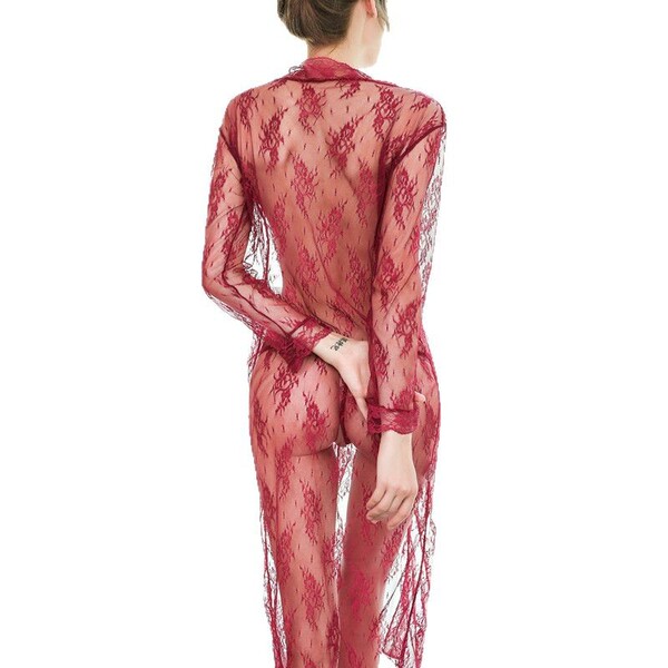 Sexy transparent lace sheer robe for women, plus size erotic lingerie dress with kimono style sleepwear design.