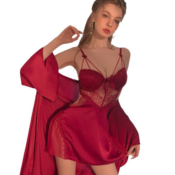 Elegant red lace sheer sleepwear set featuring a backless bra-top dress with built-in pads and underwire, perfect for intimat...